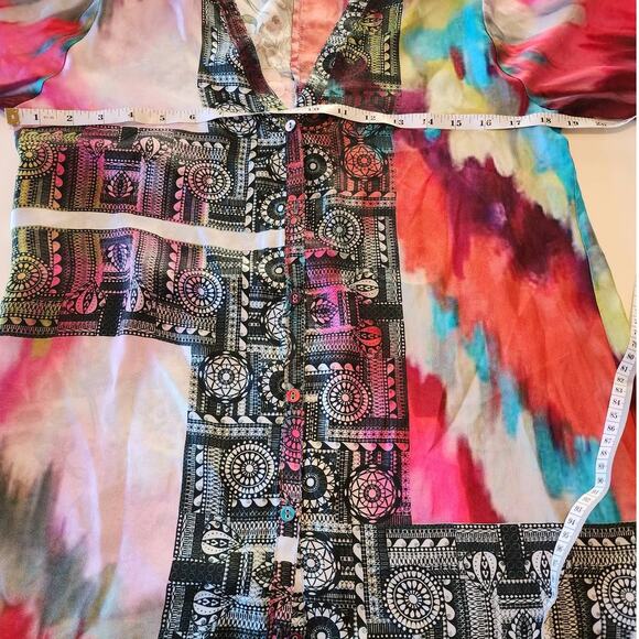 Johnny Was Multicolored Buttoned Silk Tunic size XS Oversized Patchwork Design - Picture 9 of 10